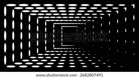 A black and white geometric design featuring a tunnel-like structure composed of repeating oval shapes. The pattern creates a sense of depth.