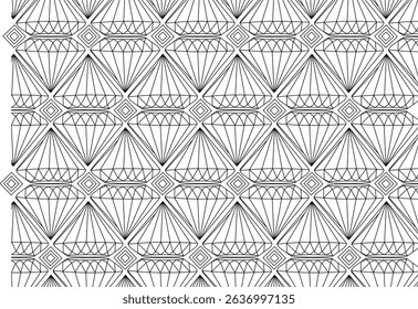 Black and White Geometric Diamond Pattern, Seamless pattern of black and white geometric shapes resembling faceted diamonds or crystals, connected by small square elements, creating a modern