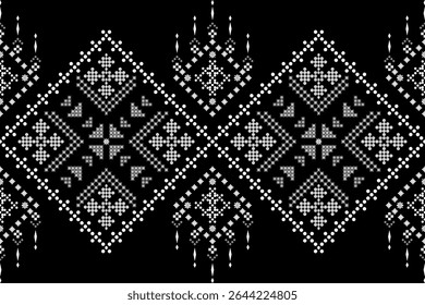 Black and white geometric dotwork ethnic pattern for textiles. A versatile, seamless design ideal for fashion, apparel, home decor, and digital backgrounds, offering a modern yet traditional aesthetic