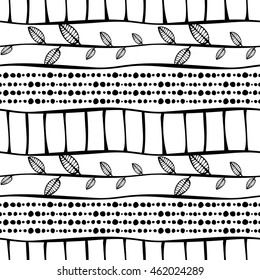 Black and white geometric endless background with ornamental decorative elements with ethnic, traditional motives. Series of Black and White Hand Drawn Ornamental Seamless Patterns