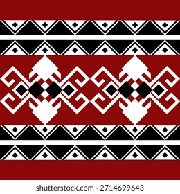 Patrón étnico geométrico blanco y negro sobre fondo rojo, tela tribal nativa americana, azulejo, alfombra, Vector, diseño de ilustración.	