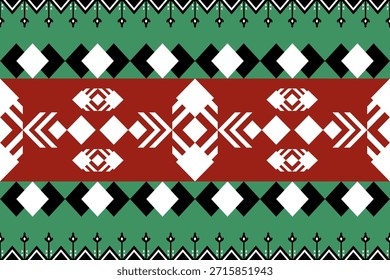 Patrón étnico geométrico blanco y negro sobre fondo rojo y verde, tela tribal nativa americana, azulejo, alfombra, Vector, diseño de ilustración.	