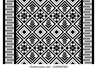 Black and white geometric ethnic seamless pattern design for wallpaper, background, fabric, curtain, carpet, clothing, and wrapping.