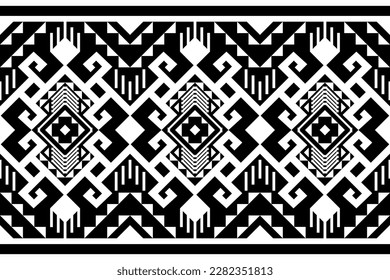 Black and white geometric ethnic seamless pattern design for wallpaper, background, fabric, curtain, carpet, clothing, and wrapping.