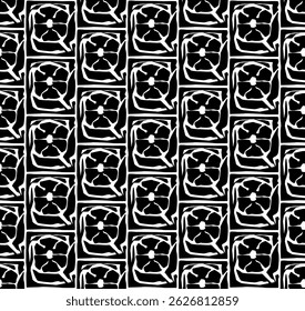 black and white geometric floral art plant shapes seamless pattern, endless repeat texture vector illustration
