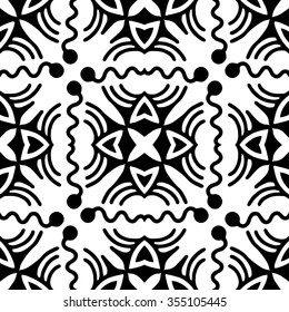 Black and white geometric floral background seamless pattern, repeating fabric texture. Tribal ethnic ornament, vector illustration.