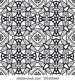 Black and white geometric floral background seamless pattern, repeating fabric texture. Tribal ethnic ornament, vector illustration.