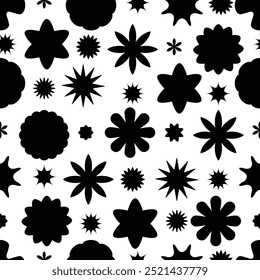 Black and white geometric floral shapes circles and stars seamless pattern, abstract minimalistic flowers. Good for textile print, web or wrapping paper