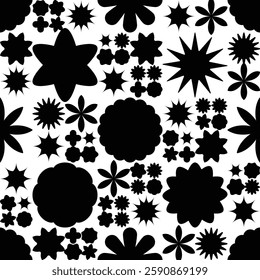 Black and white geometric floral shapes seamless pattern, abstract minimalistic flowers. Good for textile print, web or wrapping paper