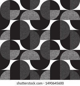 Black and white geometric forms textured seamless pattern. Laconic shapes modern repeatable motif for background, wrap, fabric, carpet, textile, wrap, surface, web and print design. 
 svg