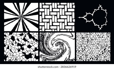 Black and white geometric and fractal pattern set with starburst rays, basket weave, Mandelbrot fractal, Voronoi tessellation, swirling vortex spiral and cracked mosaic designs for abstract art and UI backgrounds