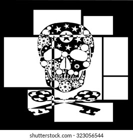 Black and white geometric frame background with skull and cross Bones design together vector print pattern. fashion and graphic design, t shirt print, poster and halloween gift offer and pattern, card