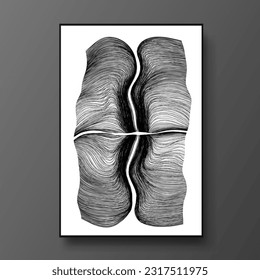 Obra de arte interior geométrica en blanco y negro. La obra de arte tiene un estilo moderno y abstracto que crea contraste y equilibrio.