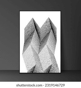 Black and white geometric interior artwork. The artwork has a modern and abstract style that creates contrast and balance.