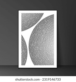 Black and white geometric interior artwork. The artwork has a modern and abstract style that creates contrast and balance.