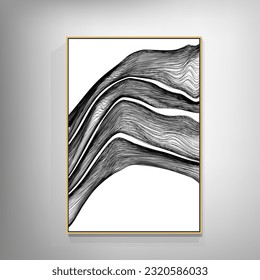 Black and white geometric interior artwork. The artwork has a modern and abstract style that creates contrast and balance.