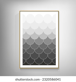 Obra de arte interior geométrica en blanco y negro. La obra de arte tiene un estilo moderno y abstracto que crea contraste y equilibrio.