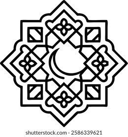 A black and white geometric Islamic pattern featuring a crescent moon, symbolizing Ramadan spirituality.