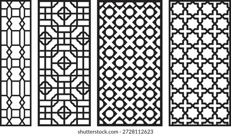 Black and white geometric jali patterns with intricate 2