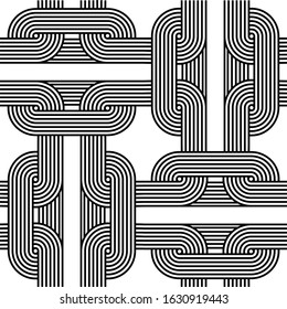 Black, white geometric knot linear impossible background seamless pattern. Modern vector illustration for greeting card, cover, flyer, wallpaper. Abstract texture ornament node, repeating tile