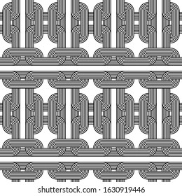 Black, white geometric knot linear impossible background seamless pattern. Modern vector illustration for greeting card, cover, flyer, wallpaper. Abstract texture ornament node, repeating tile