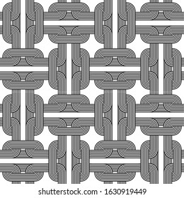 Black, white geometric knot linear impossible background seamless pattern. Modern vector illustration for greeting card, cover, flyer, wallpaper. Abstract texture ornament node, repeating tile