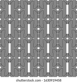 Black, white geometric knot linear impossible background seamless pattern. Modern vector illustration for greeting card, cover, flyer, wallpaper. Abstract texture ornament node, repeating tile