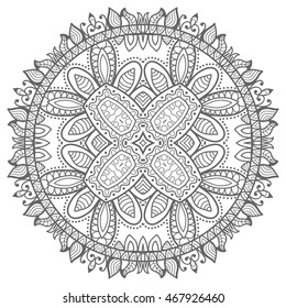 Black and white geometric lace mandala background. Round ornament decoration, isolated design element. Doodle art for coloring book. Tribal ethnic floral mandala sketch pattern for coloring page