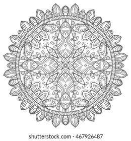 Black and white geometric lace mandala background. Round ornament decoration, isolated design element. Doodle art for coloring book. Tribal ethnic floral mandala sketch pattern for coloring page