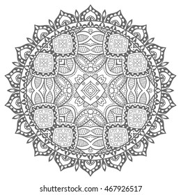 Black and white geometric lace mandala background. Round ornament decoration, isolated design element. Doodle art for coloring book. Tribal ethnic floral mandala sketch pattern for coloring page