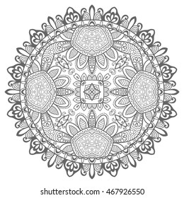 Black and white geometric lace mandala background. Round ornament decoration, isolated design element. Doodle art for coloring book. Tribal ethnic floral mandala sketch pattern for coloring page