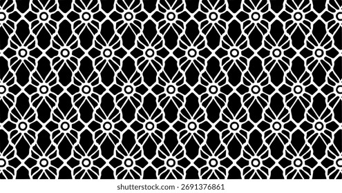 Patrón de celosía geométrica en blanco y negro con conexiones circulares que forman una textura transparente limpia y elegante.