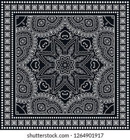 Black and white geometric line background, mandala doodle sketch pattern, lace ornament. Bandanna shawl, tablecloth fabric print, silk neck scarf, kerchief design