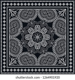 Black and white geometric line background, mandala doodle sketch pattern, lace ornament. Bandanna shawl, tablecloth fabric print, silk neck scarf, kerchief design