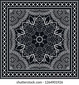Black and white geometric line background, mandala doodle sketch pattern, lace ornament. Bandanna shawl, tablecloth fabric print, silk neck scarf, kerchief design