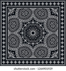 Black and white geometric line background, mandala doodle sketch pattern, lace ornament. Bandanna shawl, tablecloth fabric print, silk neck scarf, kerchief design