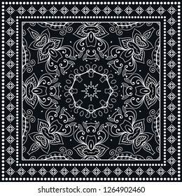 Black and white geometric line background, mandala doodle sketch pattern, lace ornament. Bandanna shawl, tablecloth fabric print, silk neck scarf, kerchief design