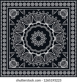 Black and white geometric line background, mandala doodle sketch pattern, lace ornament. Bandanna shawl, tablecloth fabric print, silk neck scarf, kerchief design
