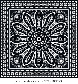 Black and white geometric line background, mandala doodle sketch pattern, lace ornament. Bandanna shawl, tablecloth fabric print, silk neck scarf, kerchief design