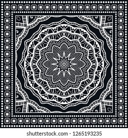Black and white geometric line background, mandala doodle sketch pattern, lace ornament. Bandanna shawl, tablecloth fabric print, silk neck scarf, kerchief design
