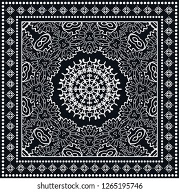 Black and white geometric line background, mandala doodle sketch pattern, lace ornament. Bandanna shawl, tablecloth fabric print, silk neck scarf, kerchief design