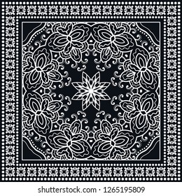 Black and white geometric line background, mandala doodle sketch pattern, lace ornament. Bandanna shawl, tablecloth fabric print, silk neck scarf, kerchief design