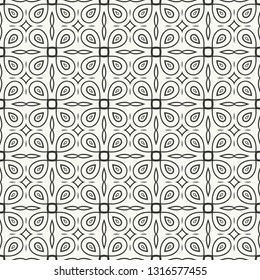 Black and white geometric line background, doodle seamless pattern. Monochrome repeating texture for textile fabric or paper print. Tribal ethnic ornament, vector decorative graphic illustration