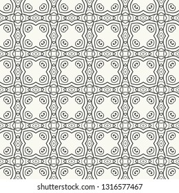 Black and white geometric line background, doodle seamless pattern. Monochrome repeating texture for textile fabric or paper print. Tribal ethnic ornament, vector decorative graphic illustration