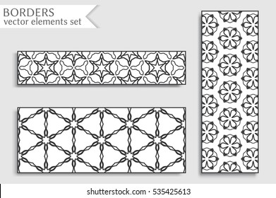 Black and white geometric line borders patterns set. Tribal ethnic arabic, indian, turkish decorative ornament, fashion collection. Isolated design elements for headline, banner, flyer, business card