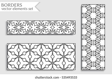 Black and white geometric line borders patterns set. Tribal ethnic arabic, indian, turkish decorative ornament, fashion collection. Isolated design elements for headline, banner, flyer, business card