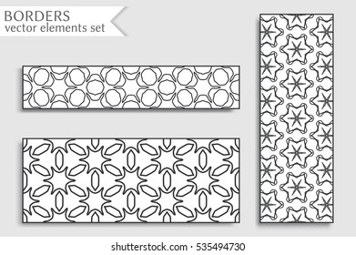 Black and white geometric line borders patterns set. Tribal ethnic arabic, indian, turkish decorative ornament, fashion collection. Isolated design elements for headline, banner, flyer, business card