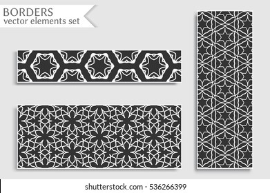Black and white geometric line borders patterns set. Tribal ethnic arabic, indian, turkish decorative ornament, fashion collection. Isolated design elements for headline, banner, flyer, business card