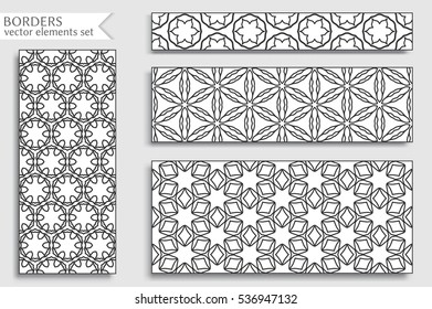 Black and white geometric line borders patterns set. Tribal ethnic arabic, indian, turkish decorative ornament, fashion collection. Isolated design elements for headline, banner, flyer, business card