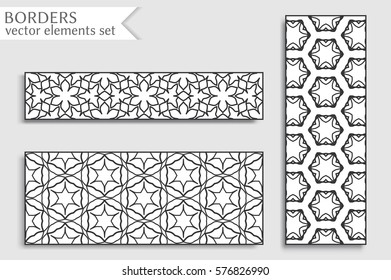 Black and white geometric line borders patterns set. Tribal ethnic arabic, indian, turkish decorative ornament, fashion collection. Isolated design elements for headline, banner, flyer, business card